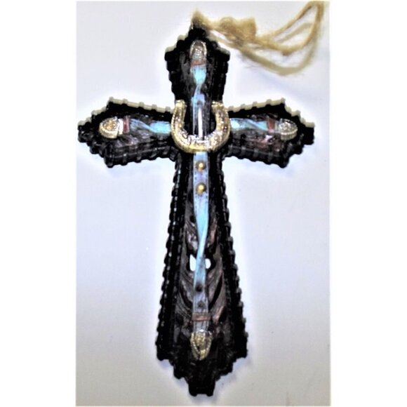 Cutwork cross with blue belt and horseshoe design on the front. - Picture 1 of 2